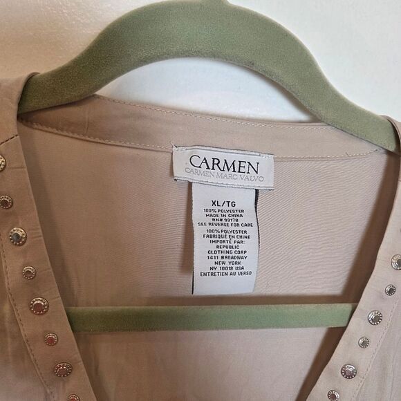 Carmen Marc Valvo Taupe Satin Peasant Blouse Top Slinky Formal Y2K Rhinestone XL - Picture 4 of 7